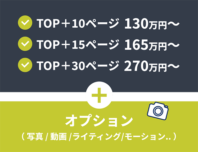 TOP+10ページ130万円~、TOP+15ページ165万円~、TOP+30ページ270万円~、オプション( 写真 / 動画 /ライティング/モーション.. )